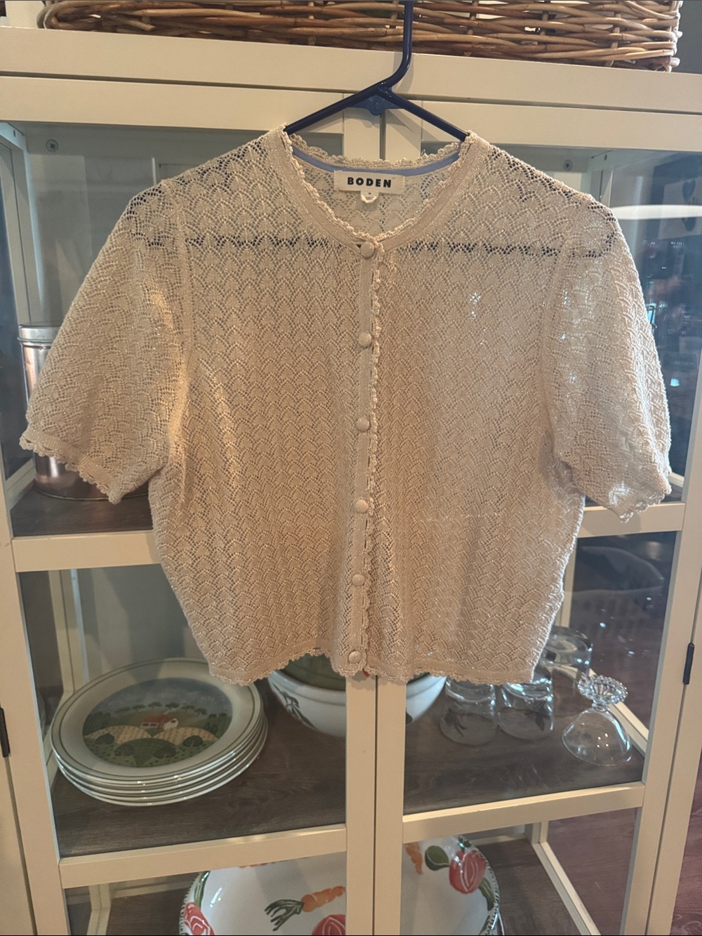 Boden Cream Short-Sleeve Knit Cardigan with Covered Buttons